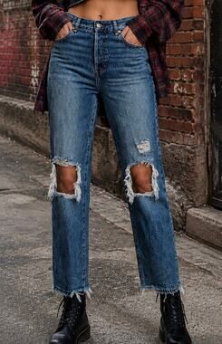 PacSun High Rise Straight Leg Distressed Jeans Blue 100% Cotton Raw Hem Size 27